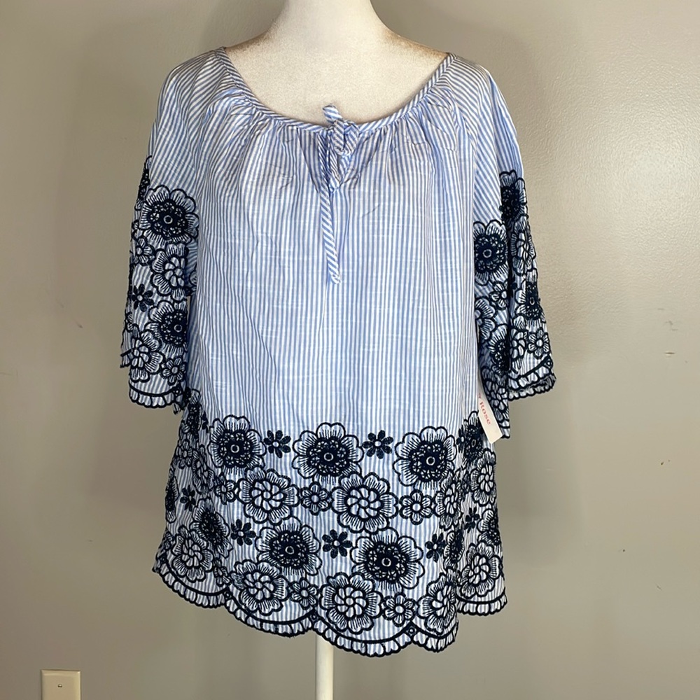 [Ana & Rose] Blue/White Striped Embroidered Blouse - Size Medium NWT